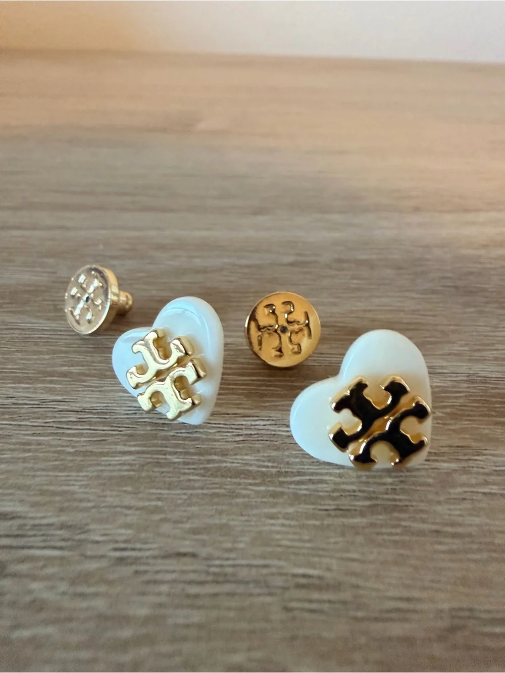 Tory Burch White Enamel Heart Logo Stud Earrings